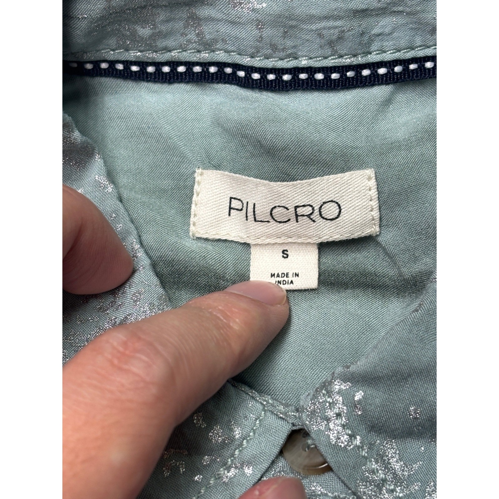 Pilcro Anthropologie Sage Green Silver Metallic Foil Button Down Shirt Womens S