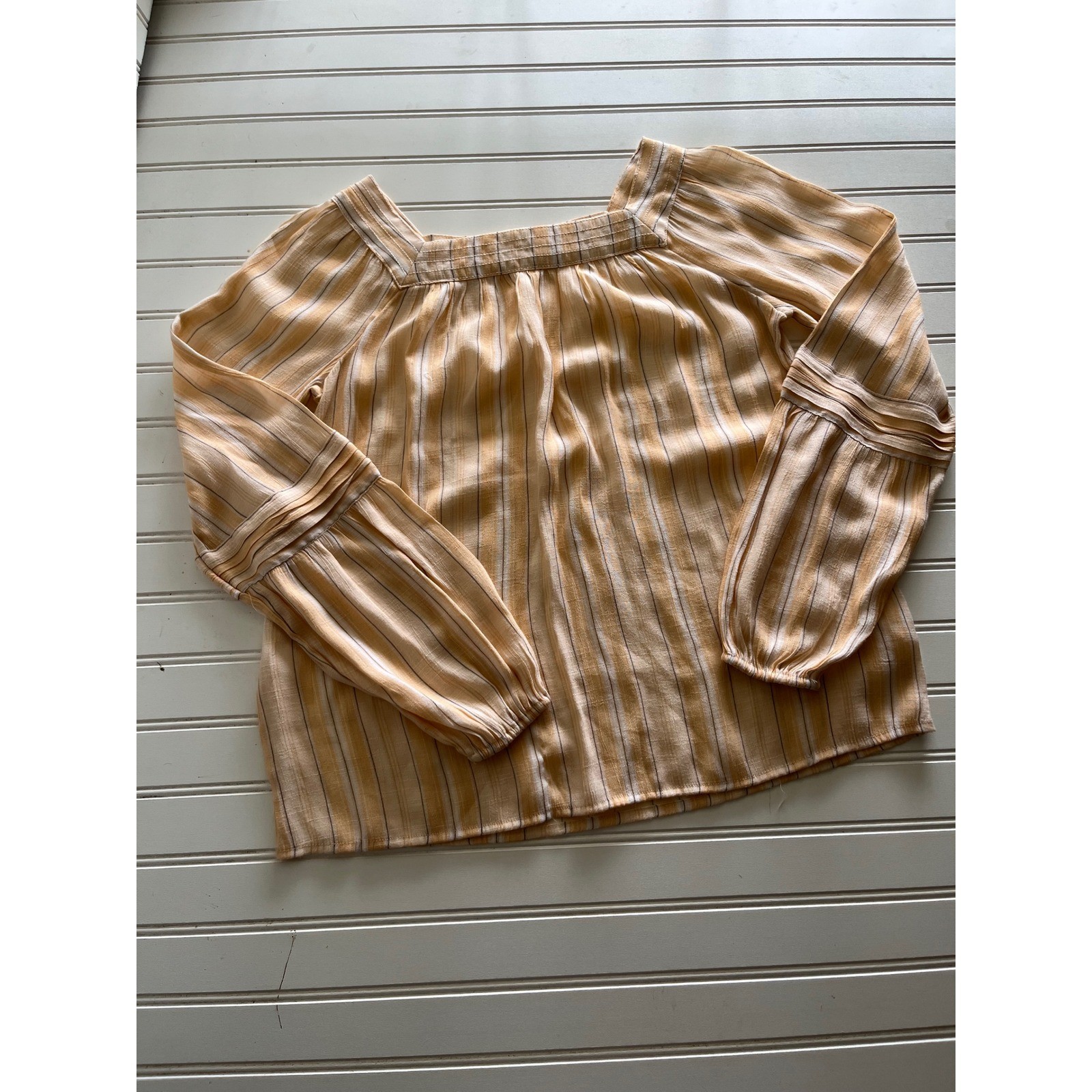 LC Lauren Conrad Yellow Striped Square Neck Pleated Sleeve Blouse XS