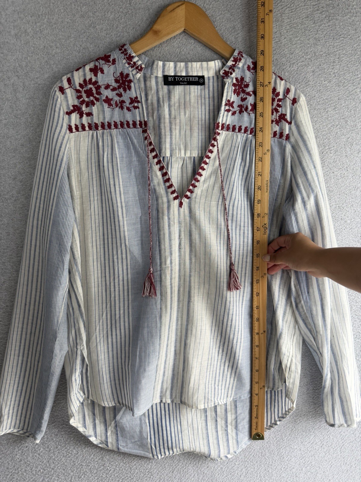 By Together Top Medium Striped Floral Embroidered Boho Cottagecore Beach Coastal