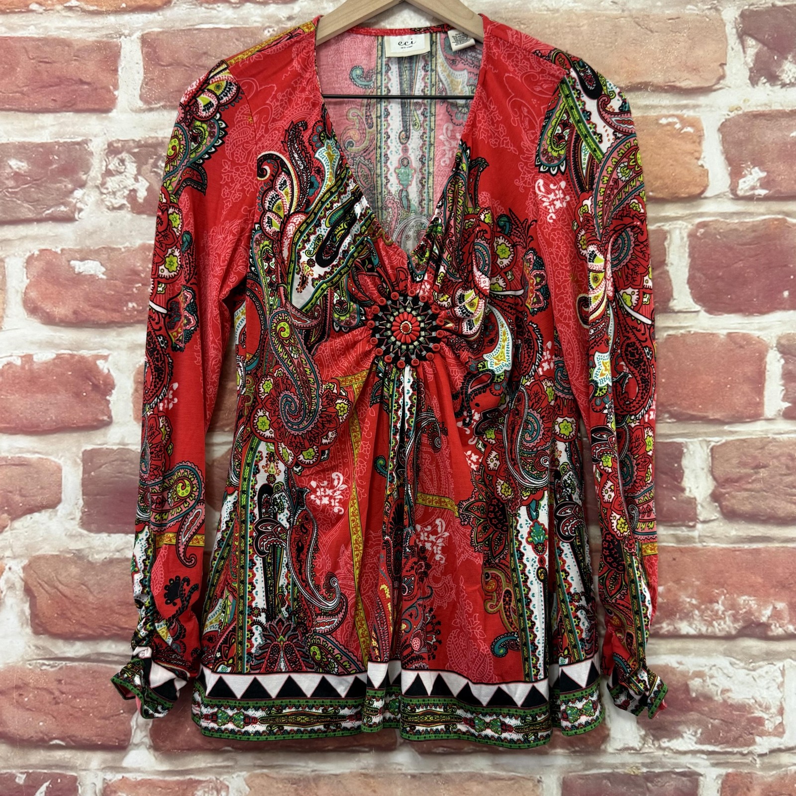 Eci New York Top Womens S Red Boho Floral Beaded Accent Casual Career Shirt