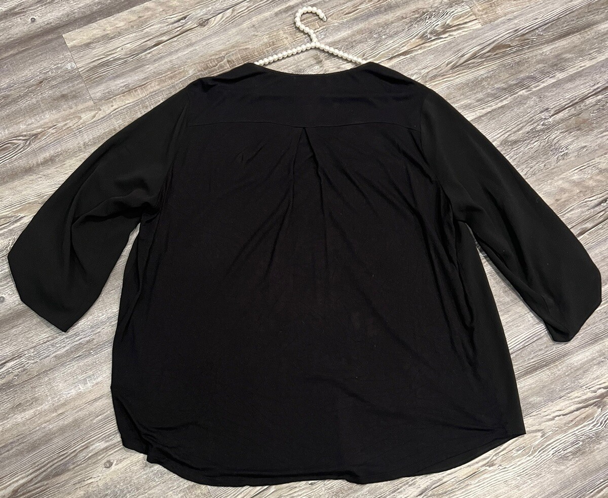 Alyx Women’s Black V-Neck Quarter Zip Tab 3/4 Sleeves Pullover Blouse Tunic 3X