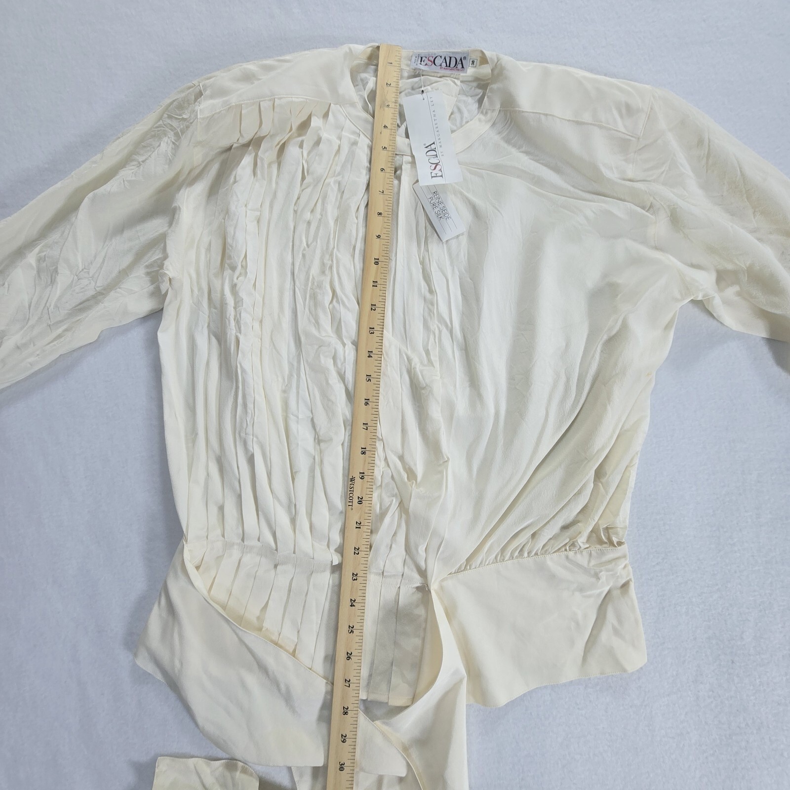 Escada Silk Blouse Vintage Size 38 Long Sleeve Ivory Pleated NWT Shoulder Pad
