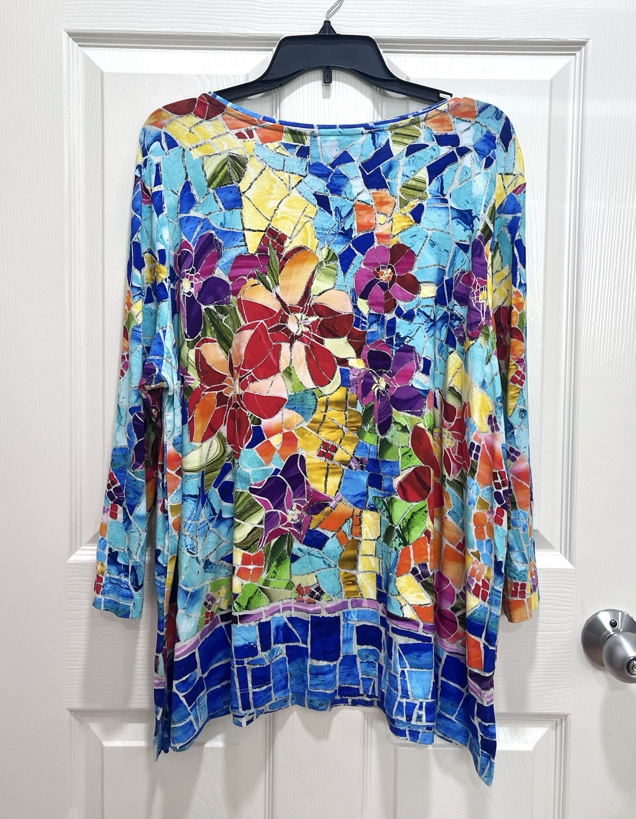 ALI MILES Top Womens 1X Multicolor Stained Glass Mosaic Bold Floral Embellished