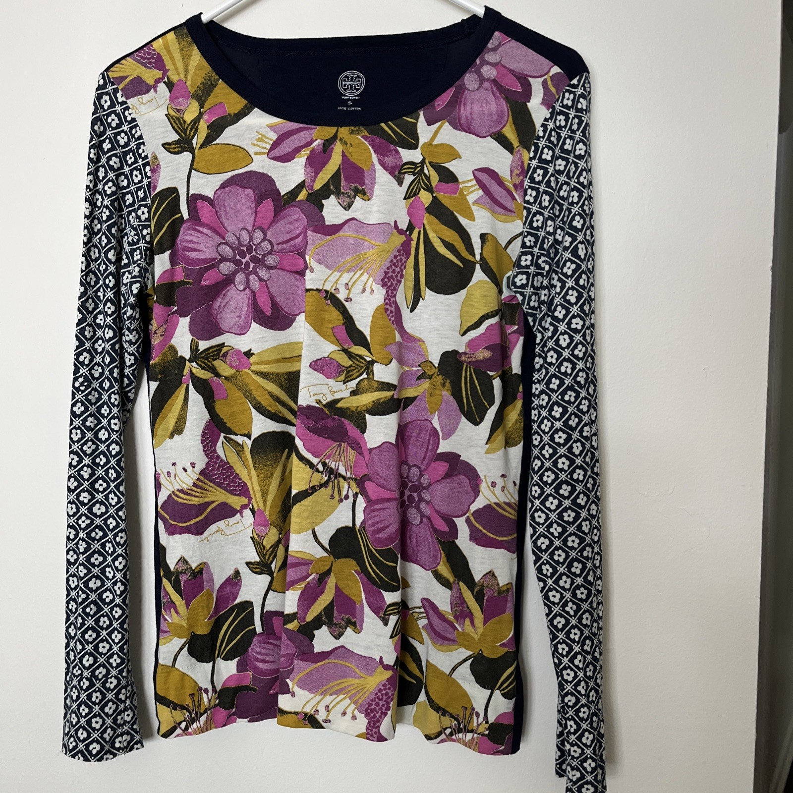 Tory Burch Floral Print Top Blouse Women’s S Long Sleeve Pima Cotton Preppy NEW