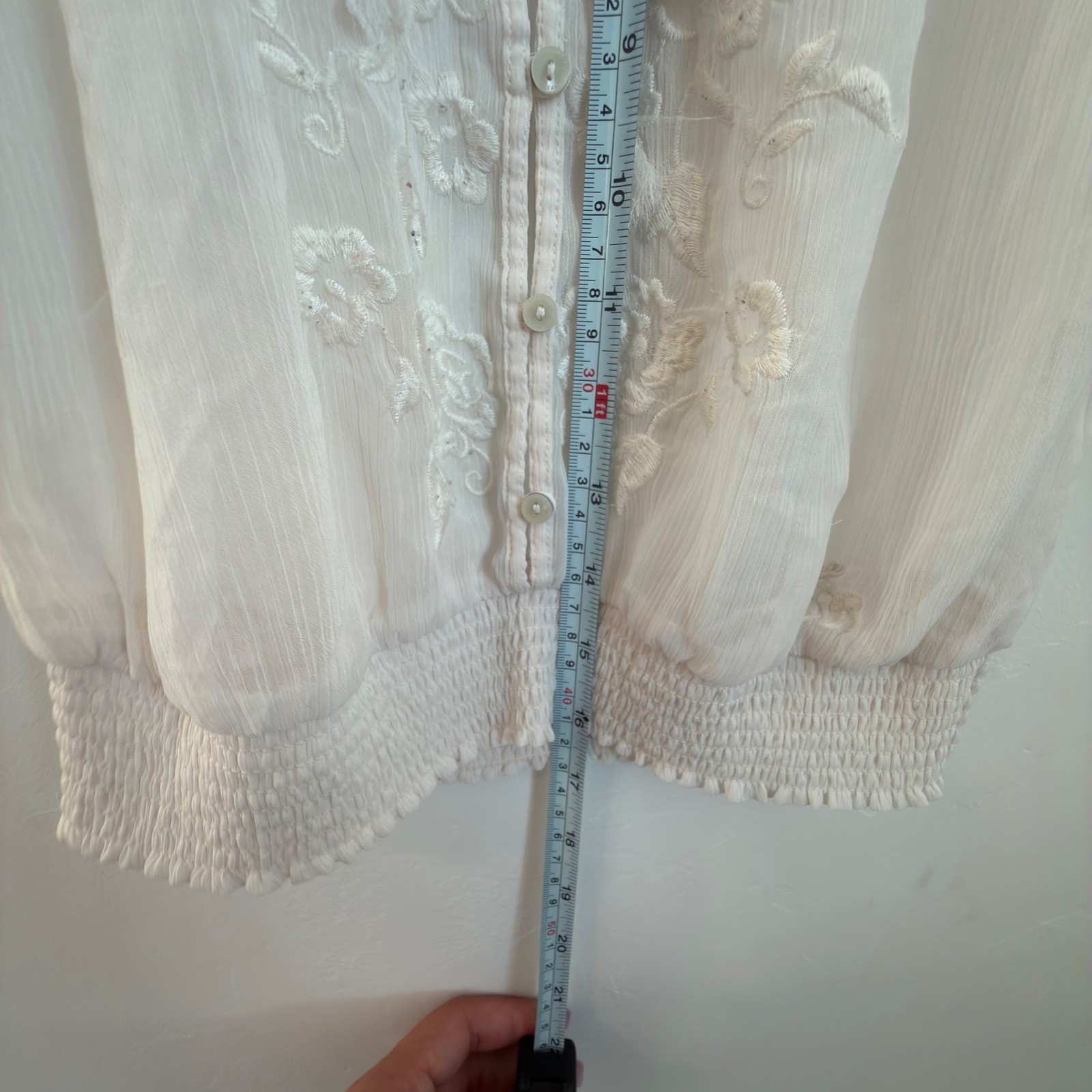 Abercrombie & Fitch Cream Floral Embroidered Sheer Blouse Smocked Waist Small