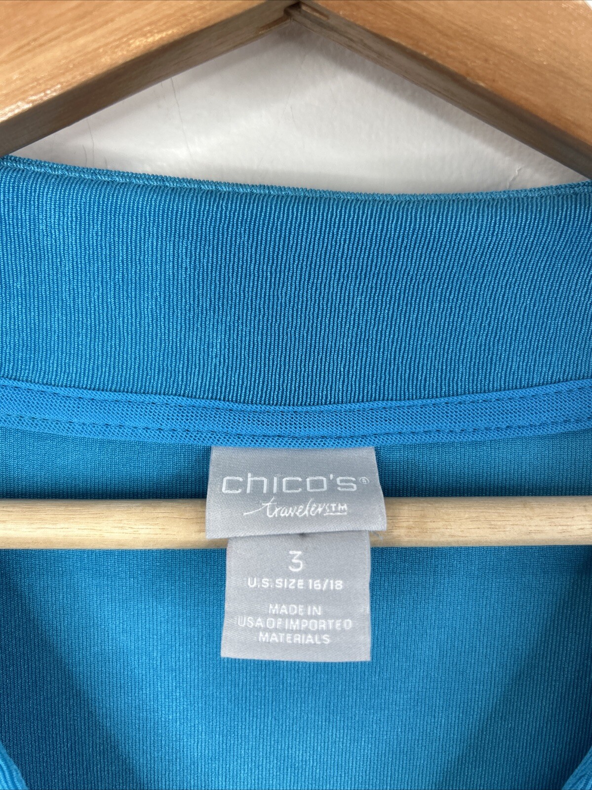 Chico’s Travelers Women’s 3 Aqua Blue V Neck Acetate Short Sleeve Top Blouse