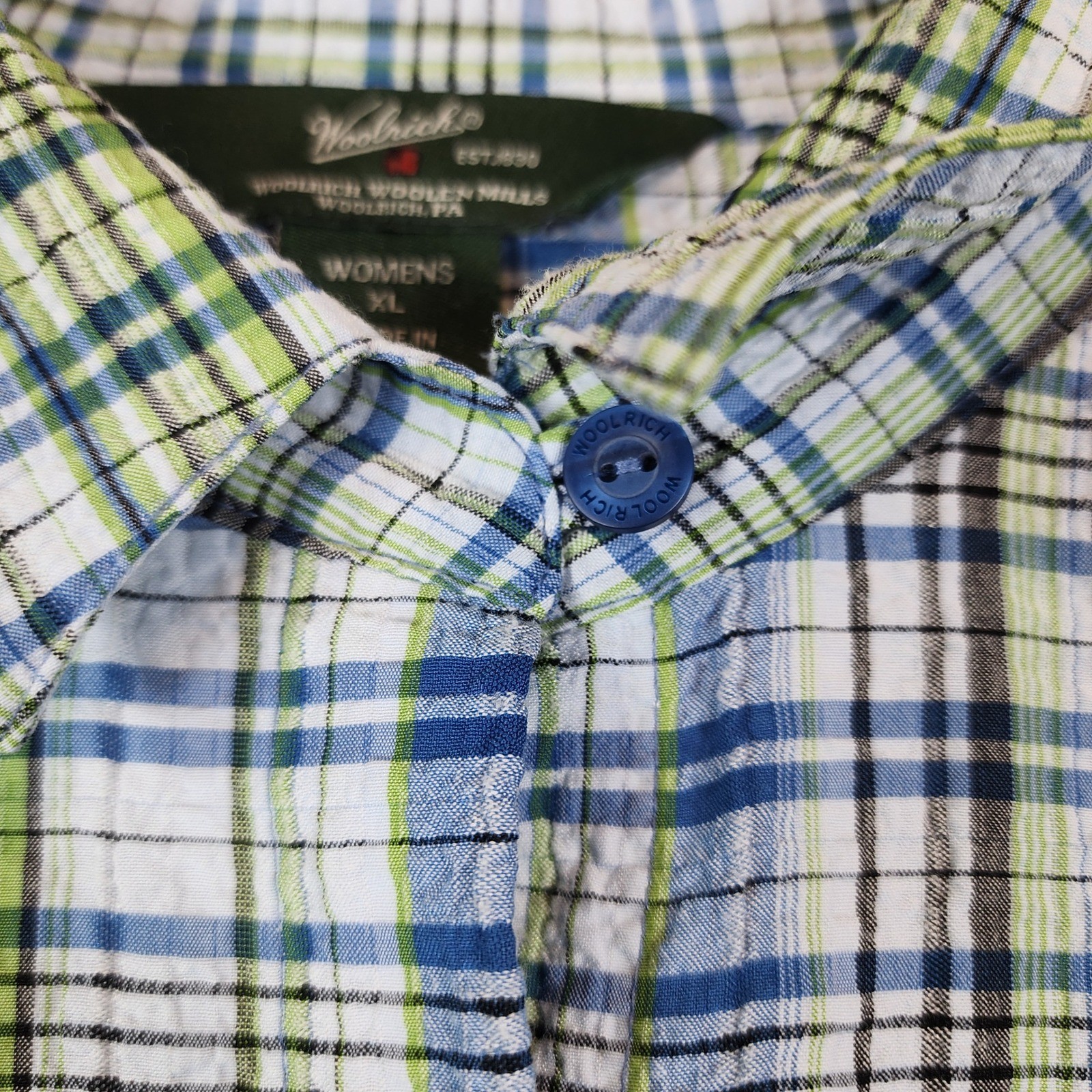 Woolrich Womens XL Coastal Preppy Outdoor Travel Plaid Roll Tab Shirt XL