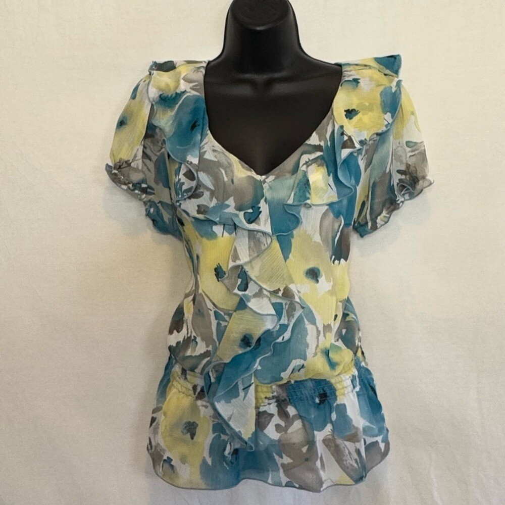 New Directions Blue Yellow White & Gray Floral Ruffle Lined Blouse Size LP