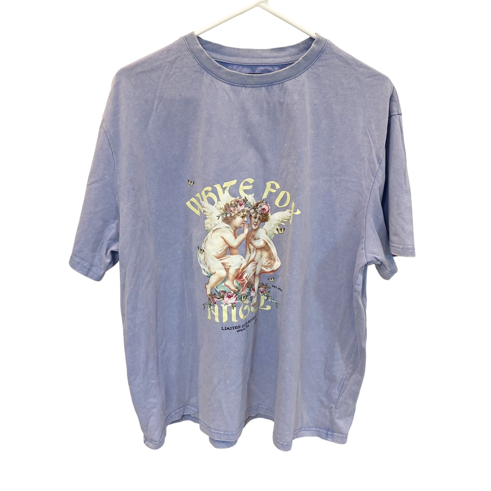 White Fox Angel Cherub Graphic Tee Purple Oversized Fit – Size S/M