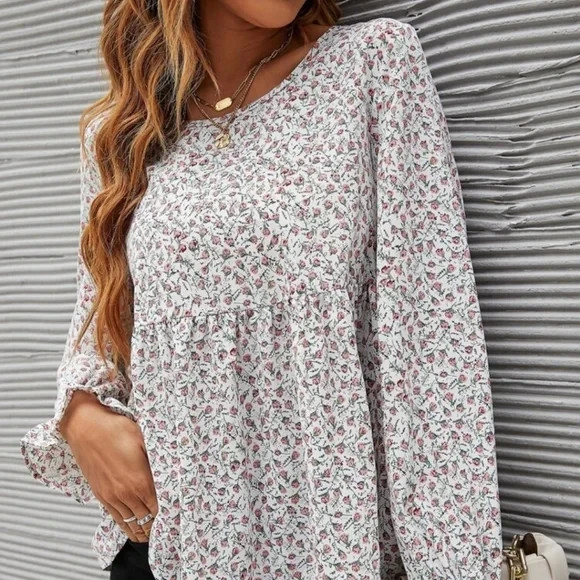 NEW SHEIN Pink White Floral Empire Waist Blouse Size S US 4 Bell Sleeve