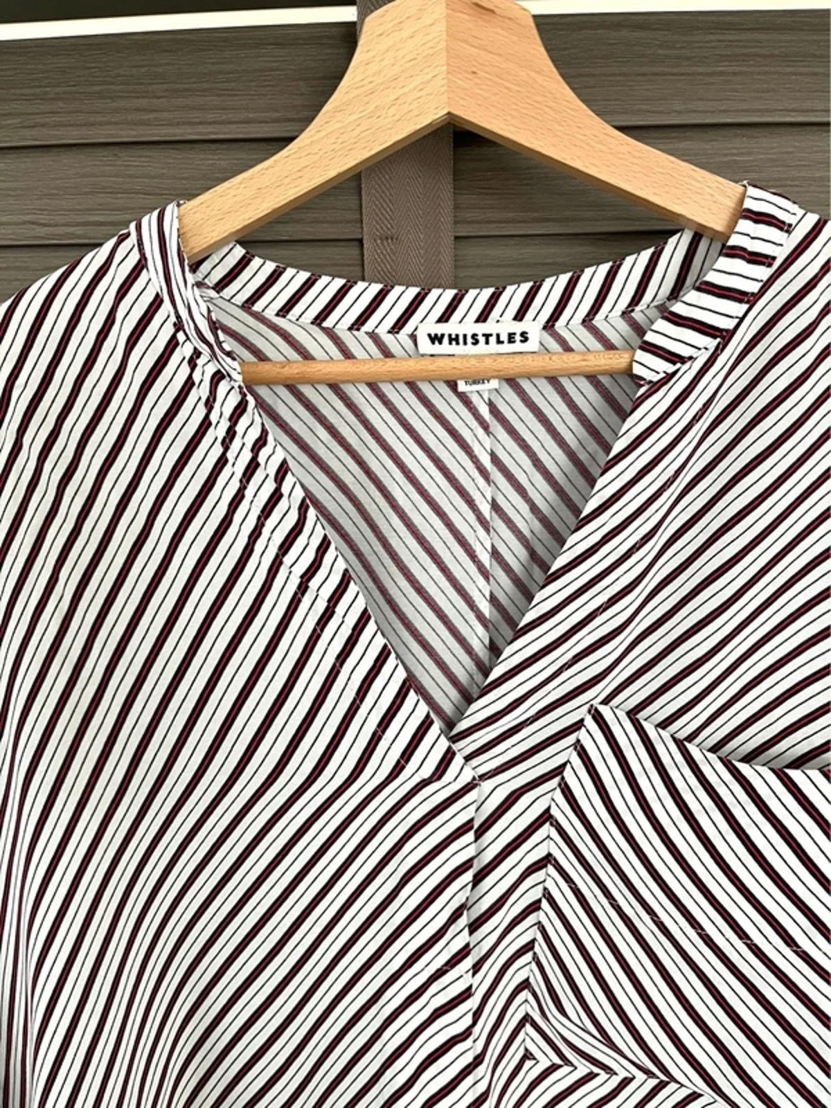 Whistles White Red and Black Striped Blouse 14 Cupro Silk Feel V-Neck Shirt