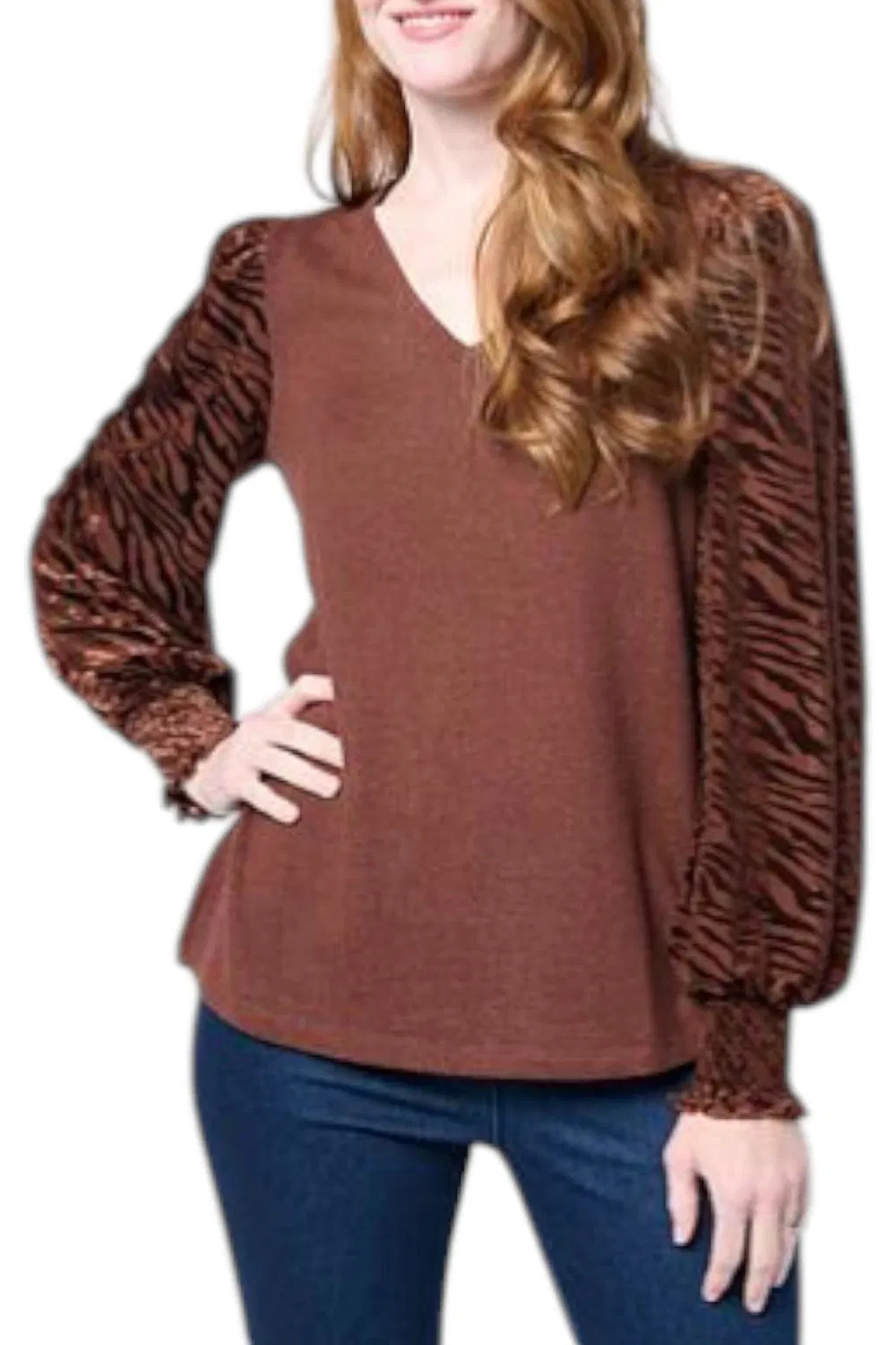 DG2 by Diane Gilman Women’s Burnout Velvet Sleeve Knit Top Cocoa