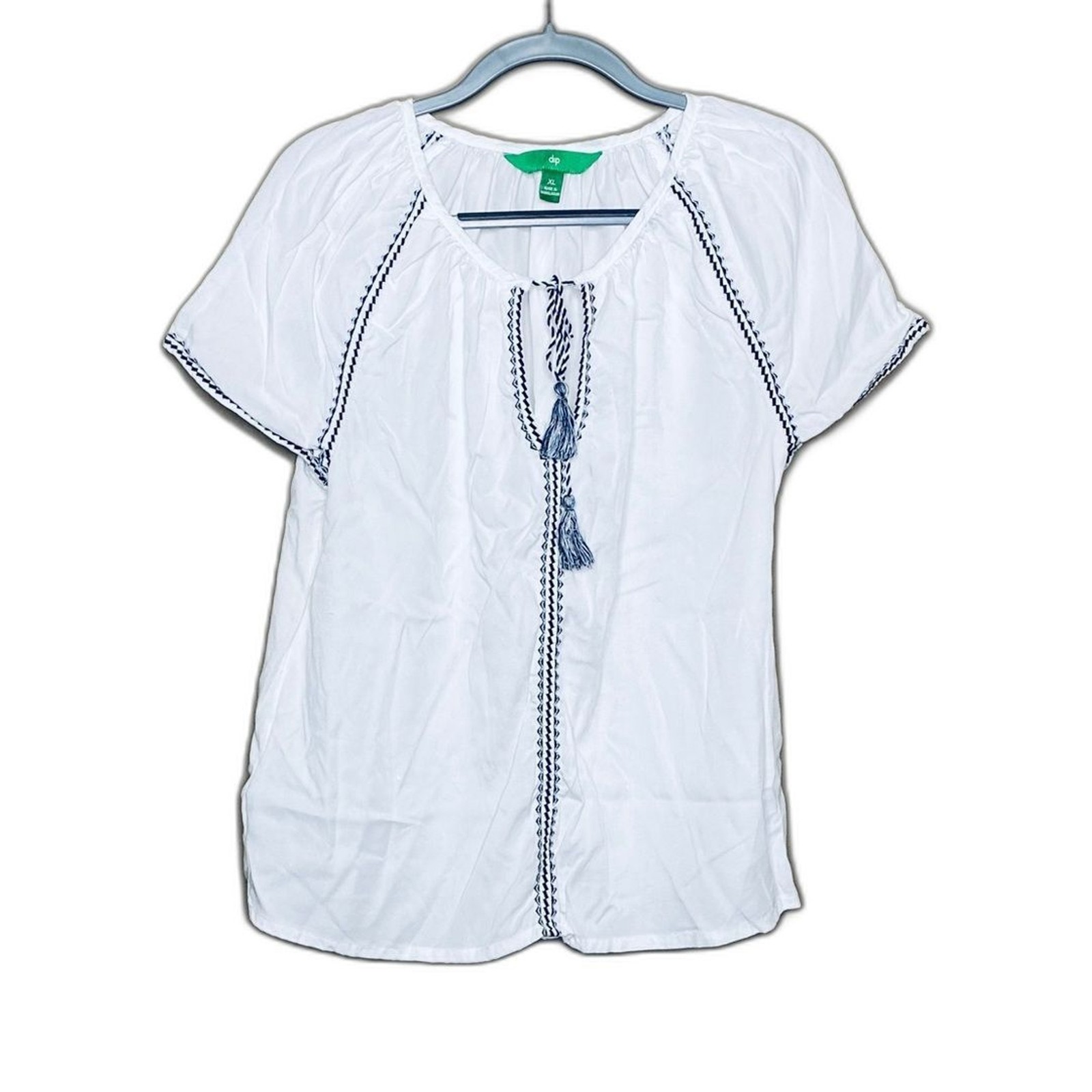 Dip White Peasant Blouse XL Boho Embroidered Tassel Tie Top