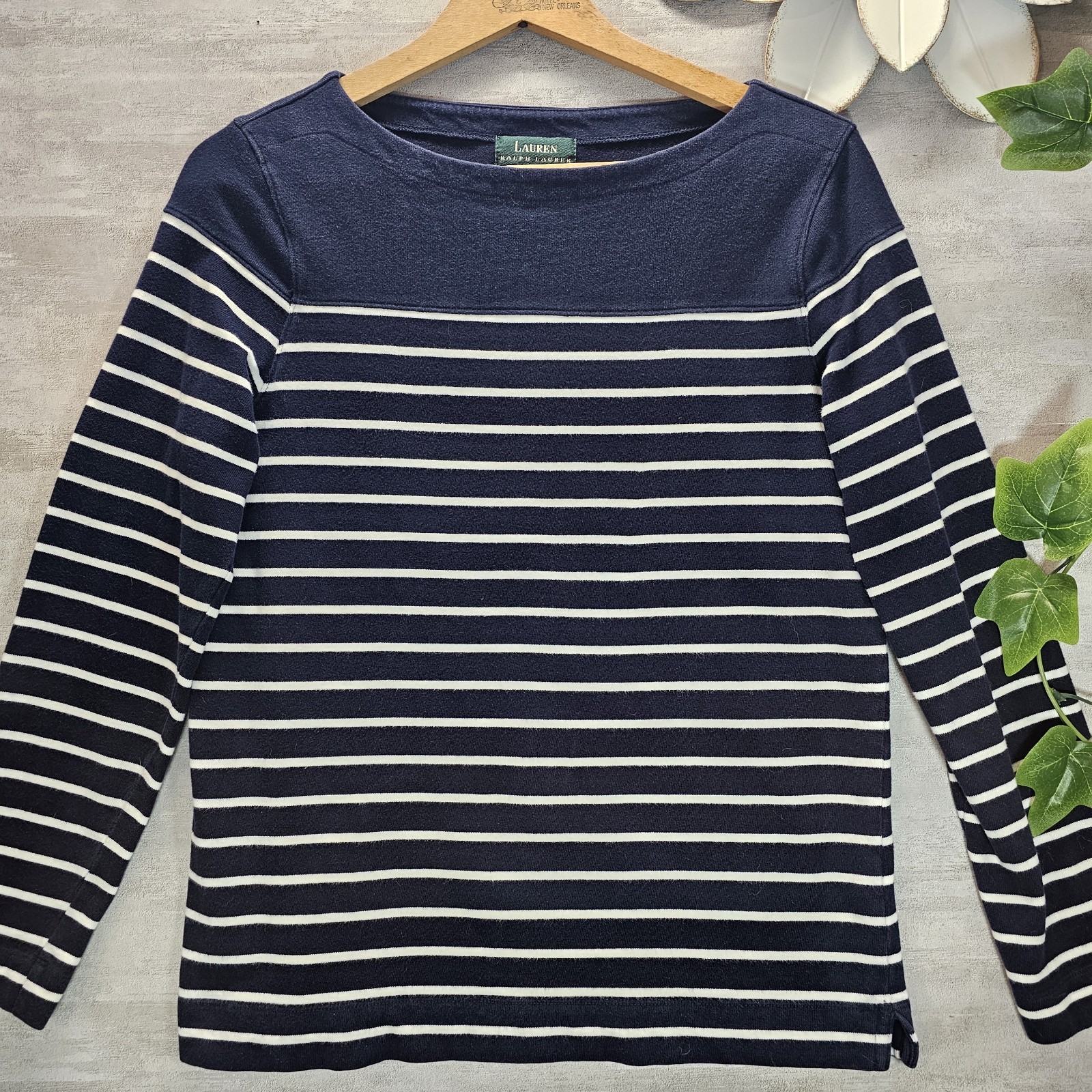 Lauren Ralph Lauren Women Small L/S Striped Boatneck Top Navy White Nautical EUC