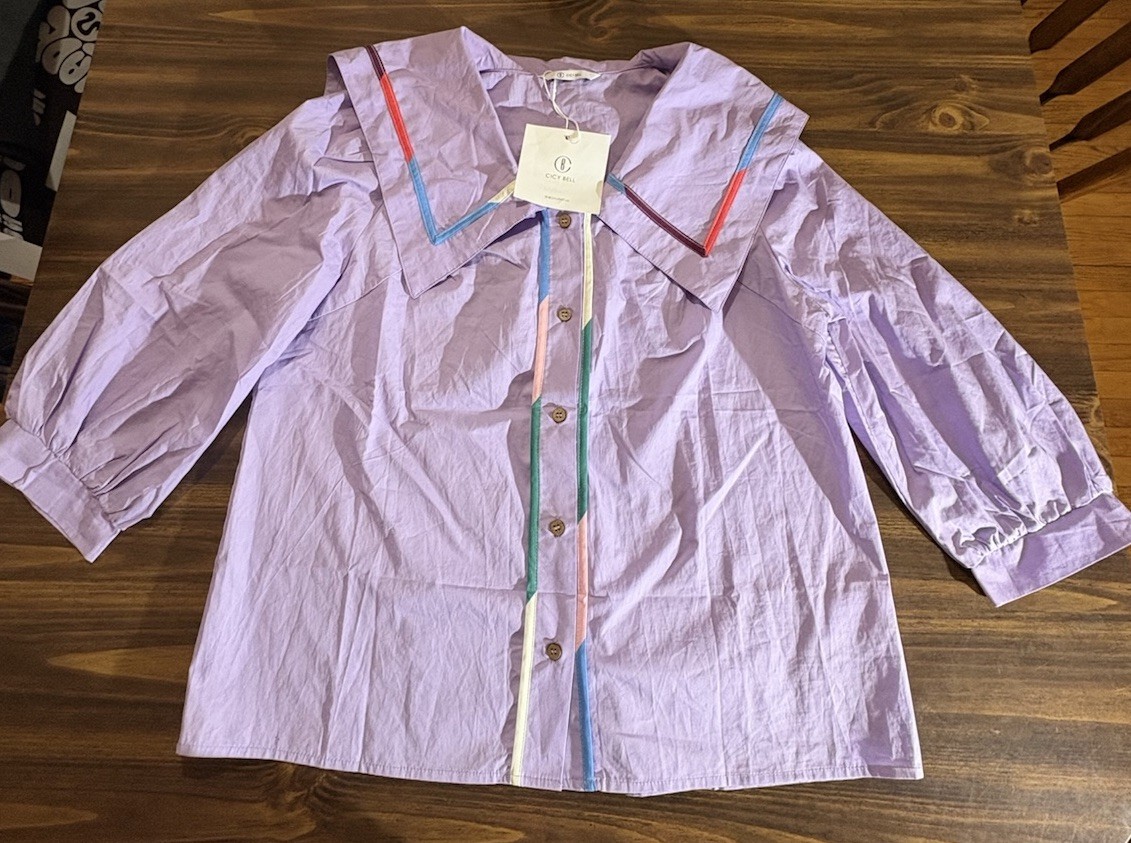 Cicy Bell Women’s Shirt Boho Puff Sleeve Blouse Purple / Colorful Trim Small NWT
