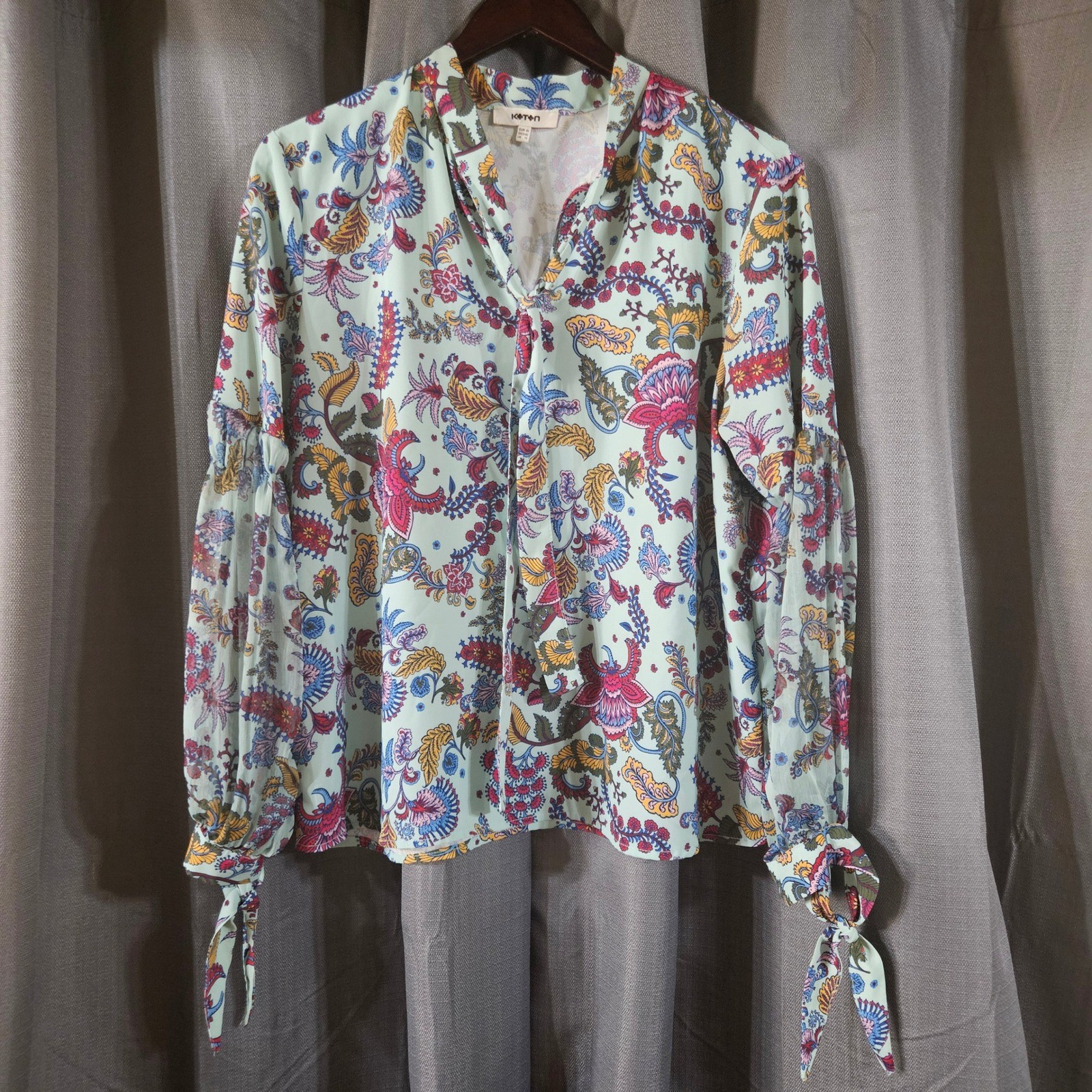 Koton Women Mint Green Paisley Floral Balloon Sleeve Tie Cuff Blouse UK 16 US L