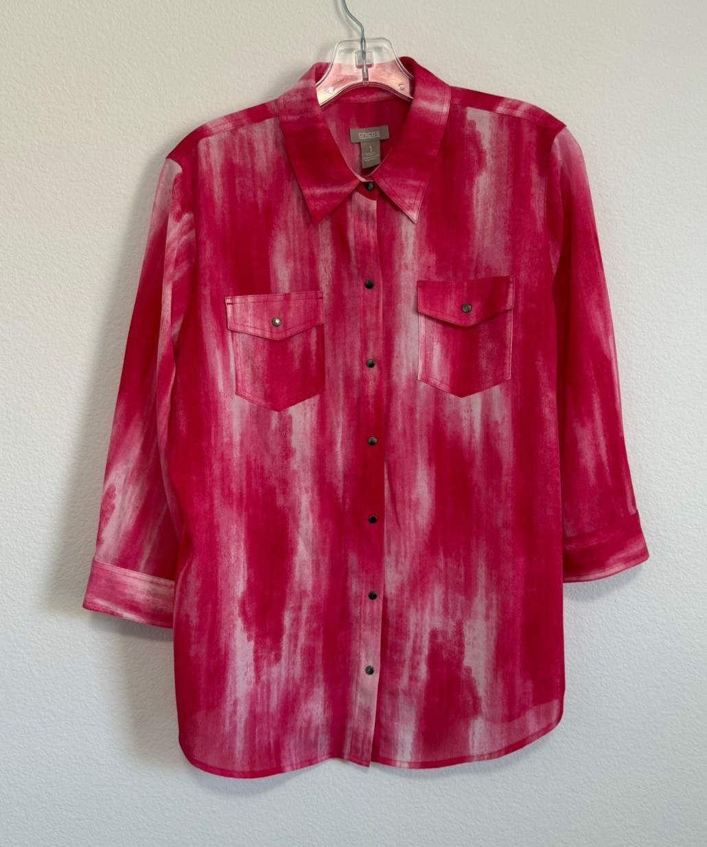 Chico’s 3/4 Sleeve Snap Button Front Collared Red/White Blouse Size 1(M)