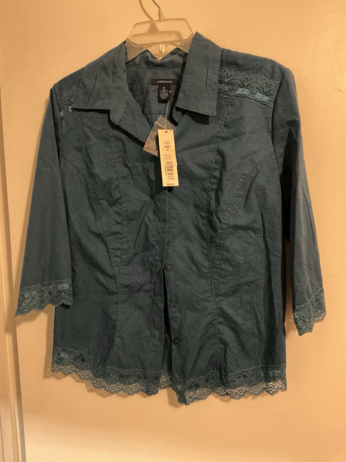 Westbound Blue Solid Collared 3/4 Sleeve Lace Trim Button-Up Shirt 12