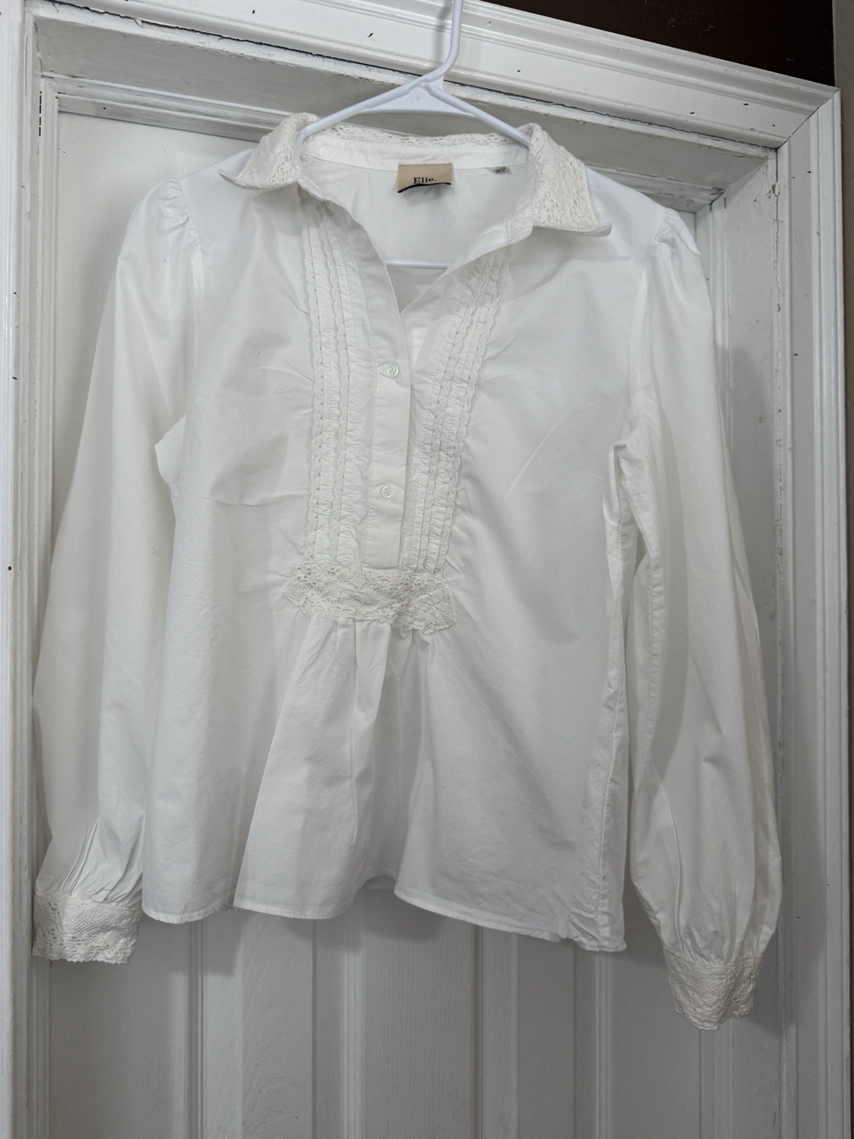 Elie Tahari White Lace Collared Button-Up Blouse Puff Long Sleeve Size 4