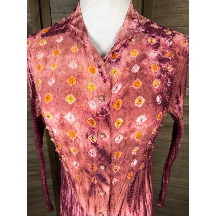 Fantazia Silk Polyester Tie Dye Pleated Button Up Long Sleeve Shirt Top Womens M