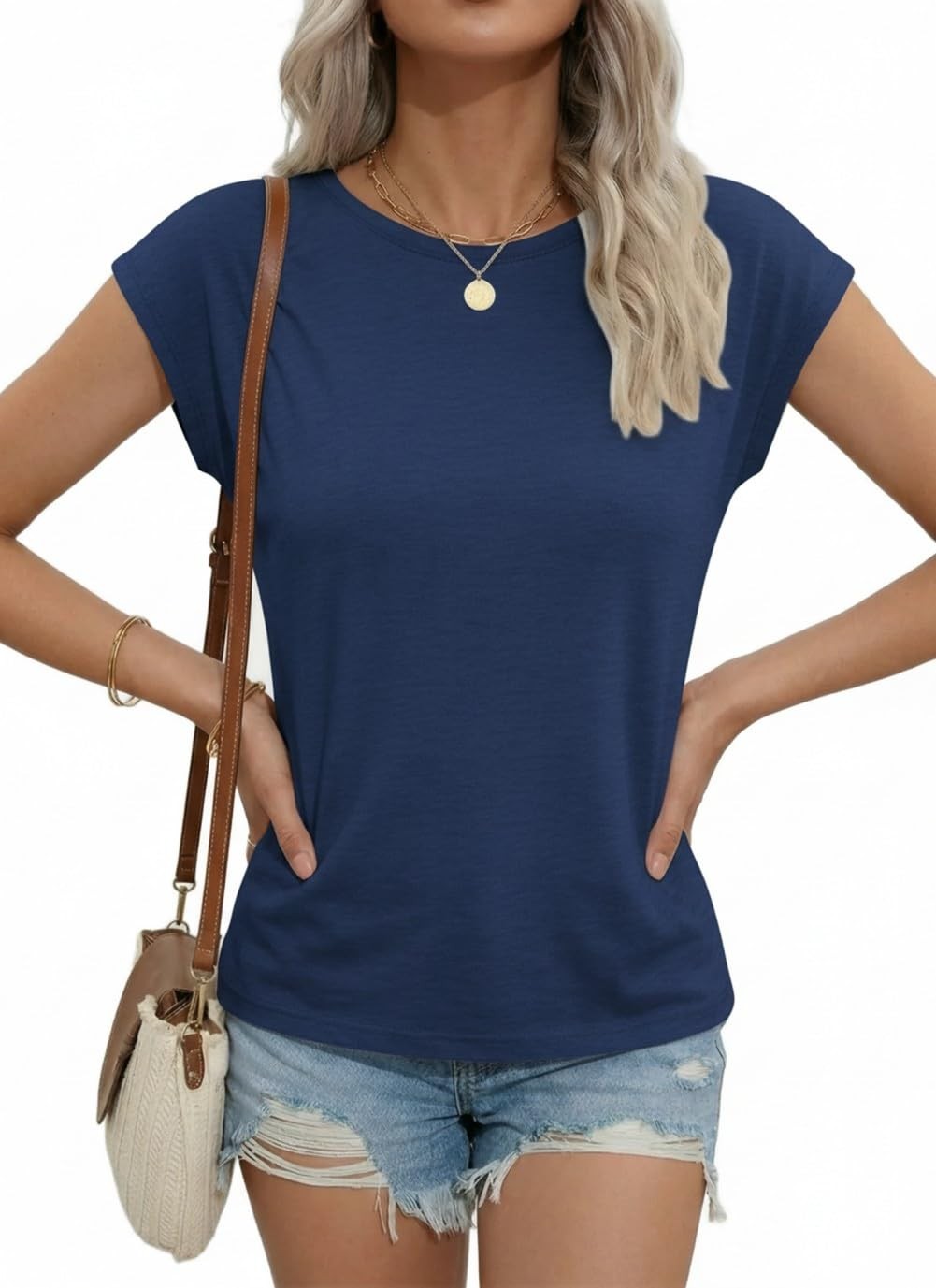 Women’s Cap Sleeve T-Shirt, Crew Neck, Summer, Casual, Plain,…