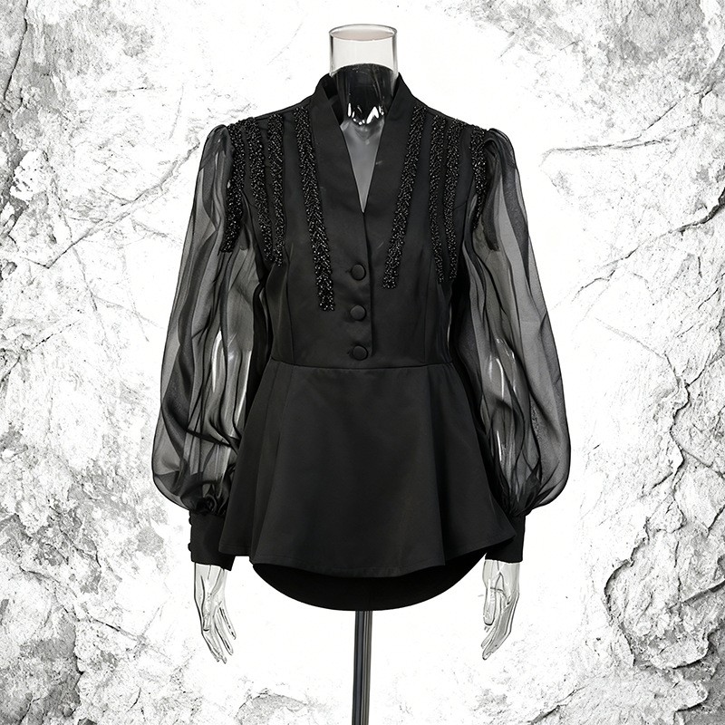 2026 Spring New Casual Top V Neck Diamond Long Sleeve Slimming Mesh Shirt Blouse