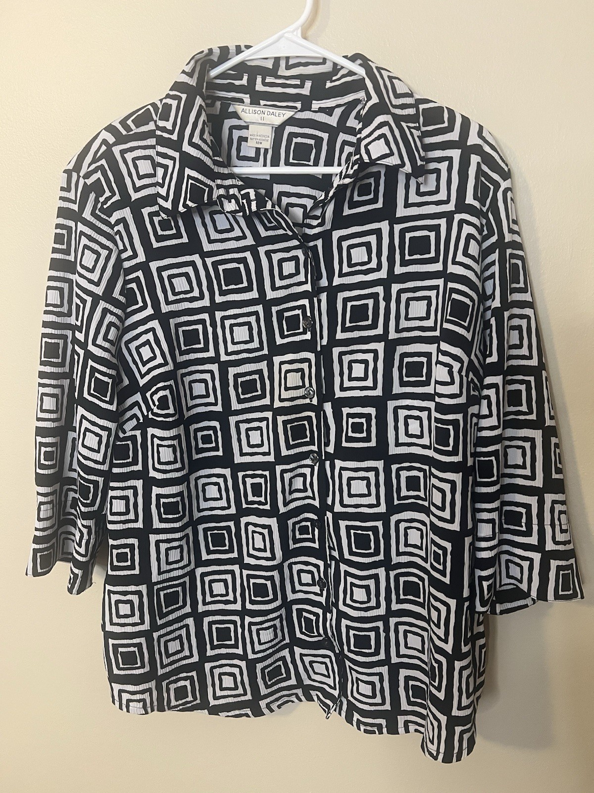 Allison Daley Button-Up Blouse With Black And White Geometric Square Pattern