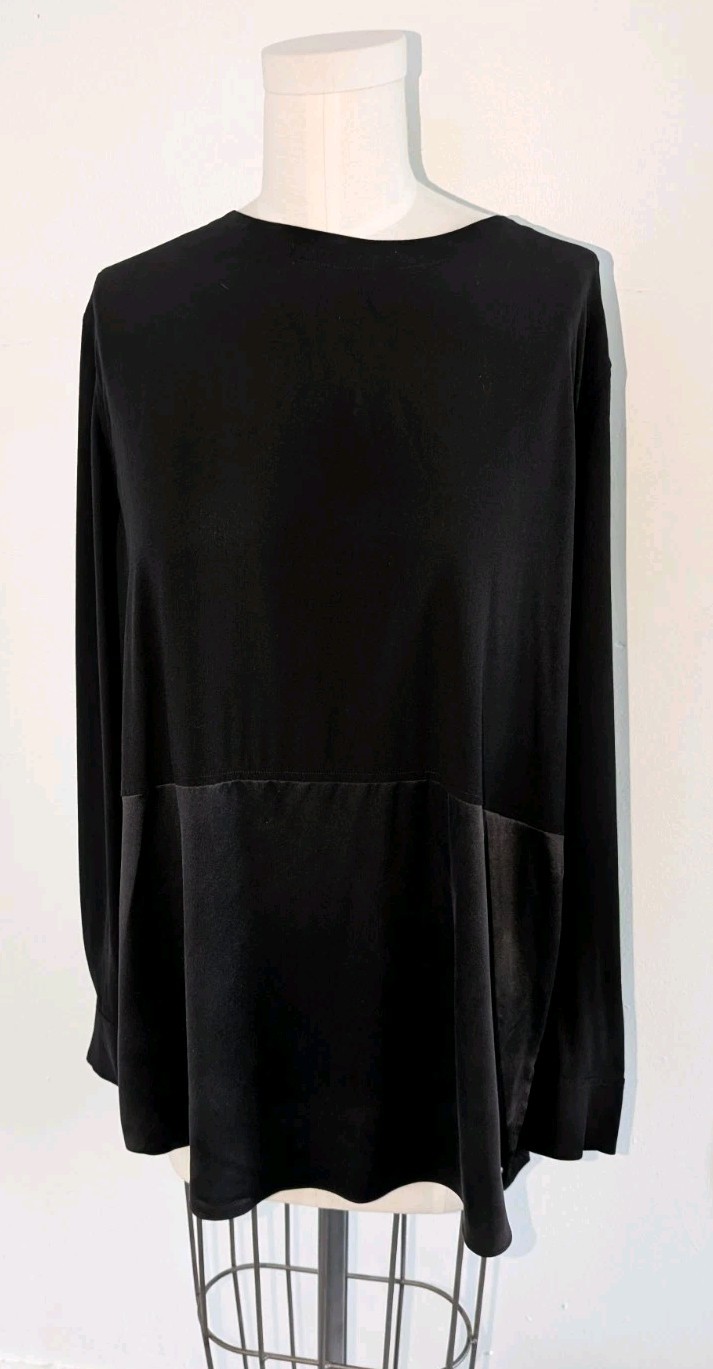 Eileen Fisher Silk Tunic Top Black Long Slv Silk Crepe & Satin Small READ