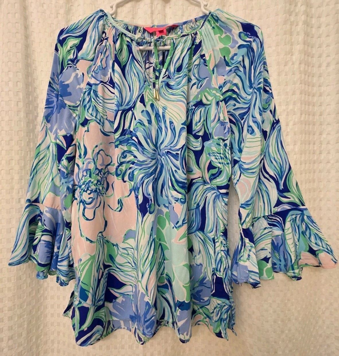 Lilly Pulitzer Women’s XS Tunic Blouse Floral Ruffle Sleeve Tie Neckline