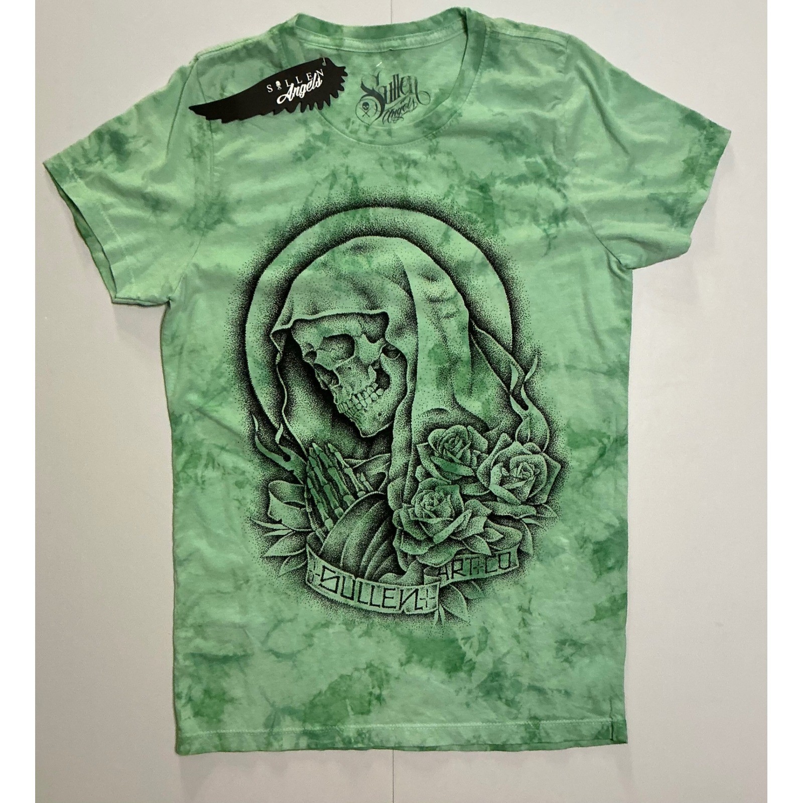Y2K Sullen Angel Skull Rose Whimsigoth Womens Green Tie Dye T-Shirt M NWT