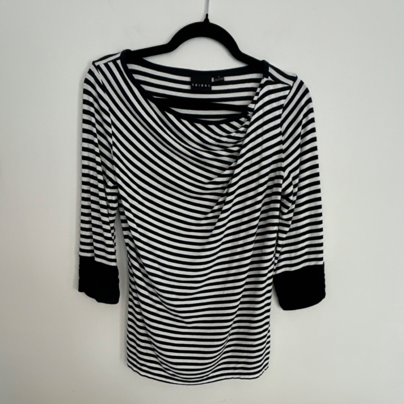 Tribal Women’s Striped Ruched 3/4 Sleeve Boat Neck Blouse Black White Size S