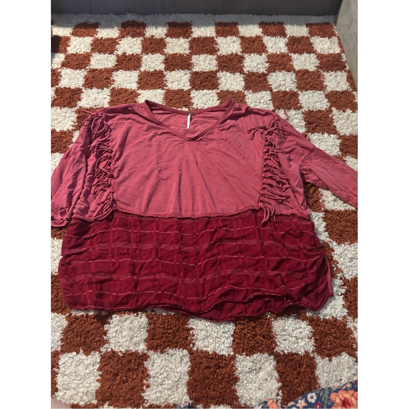 Free People Two-Tone Ruffle V-Neck Tunic – Rose & Burgundy
