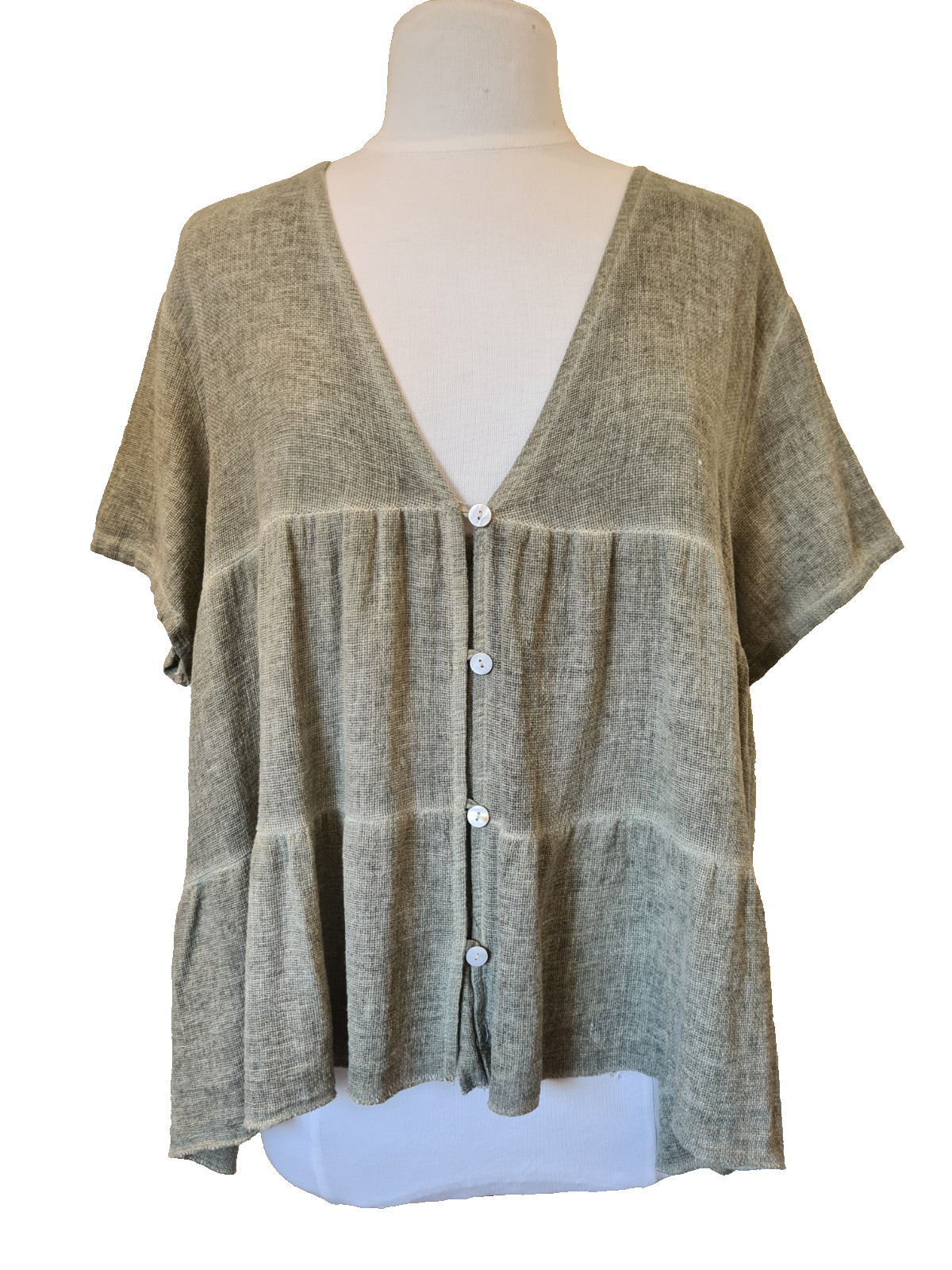 Italian Washed Linen Top Lagenlook V Neck Buttons Khaki Green One Size 10-16 New