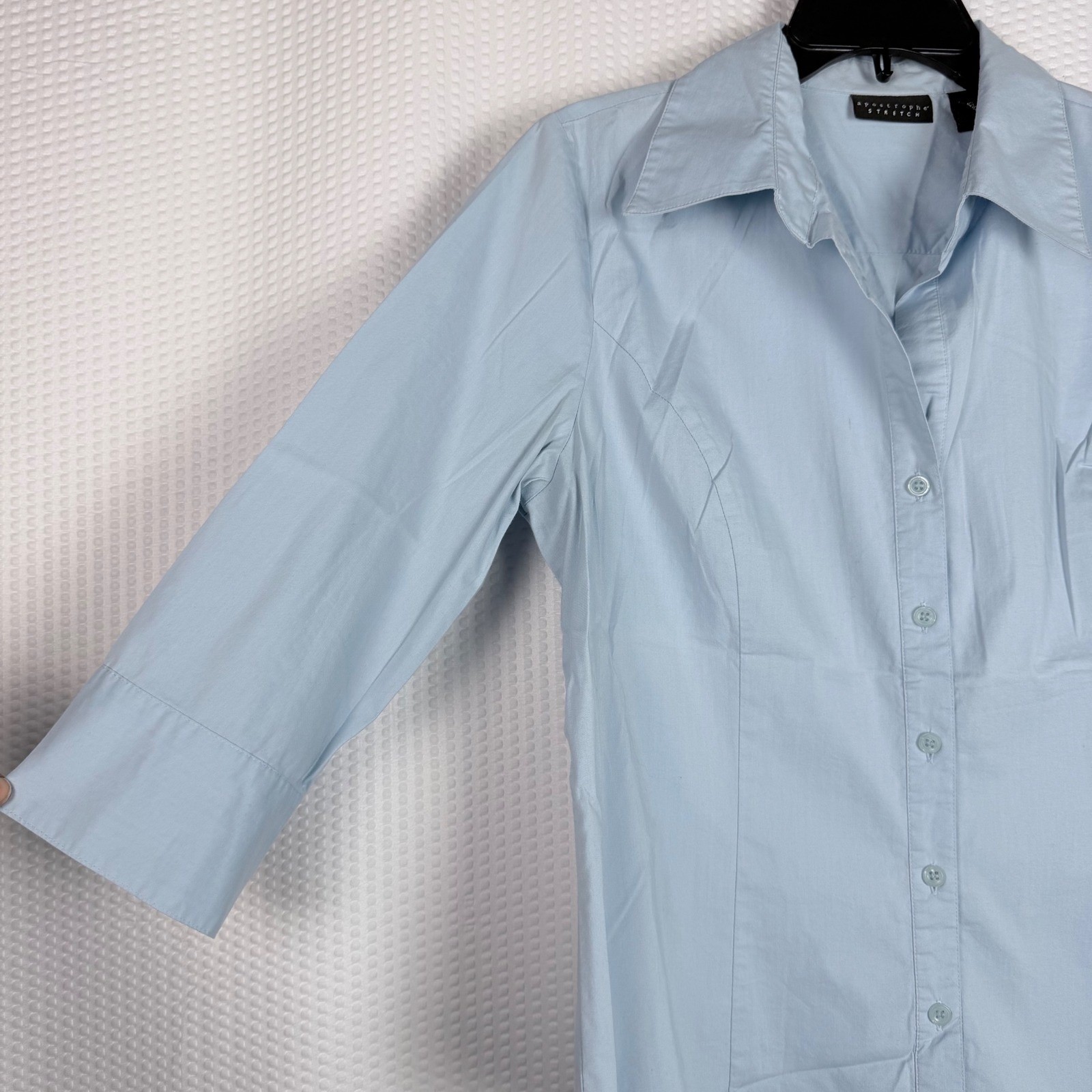 Apostrophe Button Down Large Blue 3/4 Sleeve Shirt Women Workwear Church Office