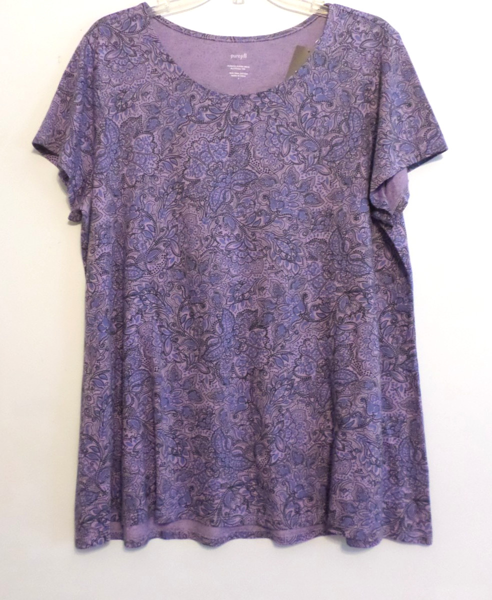 NWT PURE JILL(J JILL) SS SCOOP NECK PIMA ELLIPTICAL TEE-L-LAVENDER FLORAL-NICE!