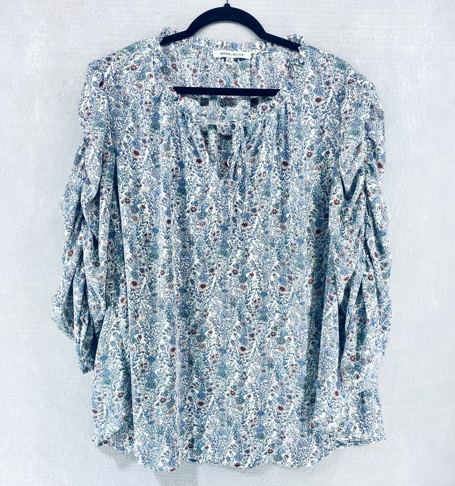 Rose Olive Cottagecore Top Womens 2x Blue Floral Blouse Lightweight Feminine