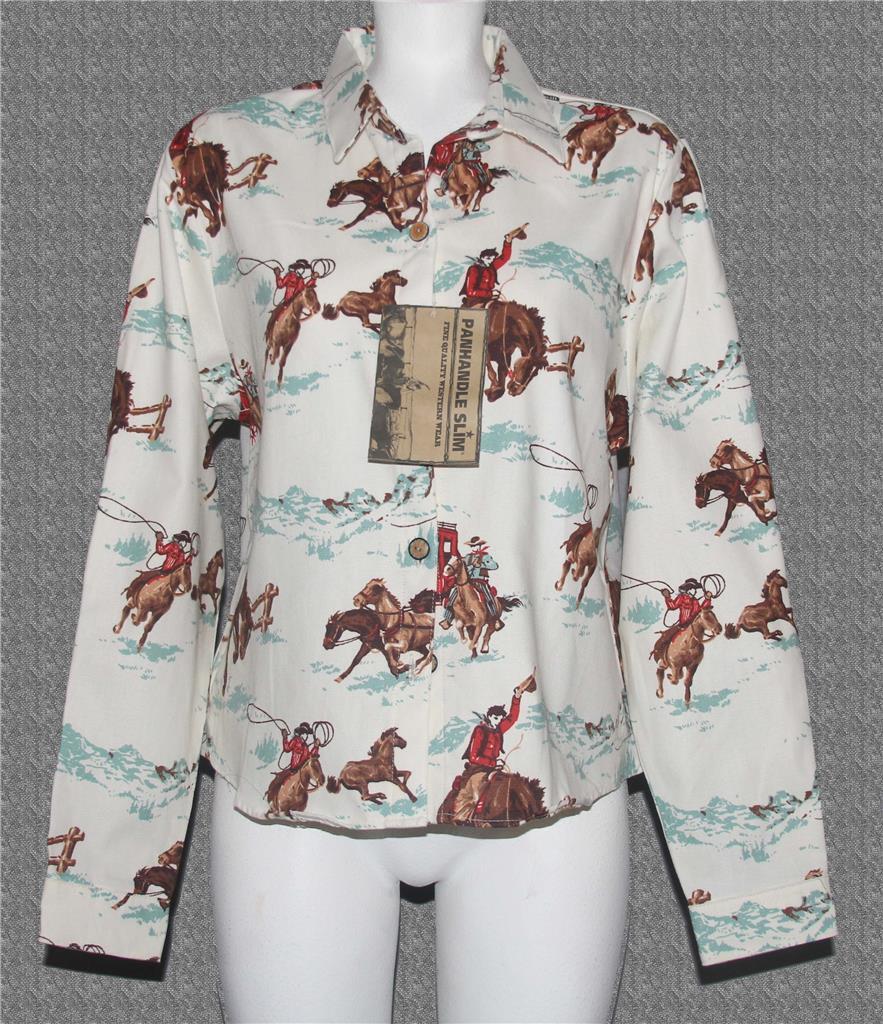 VTG Panhandle Slim Western Stagecoach Horses Cowboys Mountains Shirt Wm’s L NWT
