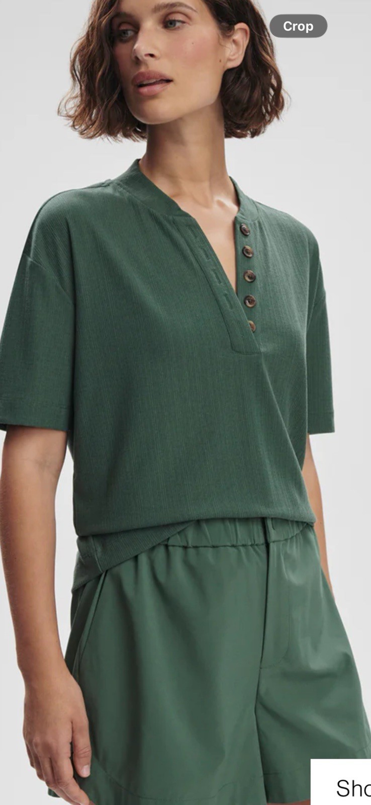 NWT Varley Kasey Mock Placket Rib Tee, Size S Green Color Ribbed Buttons