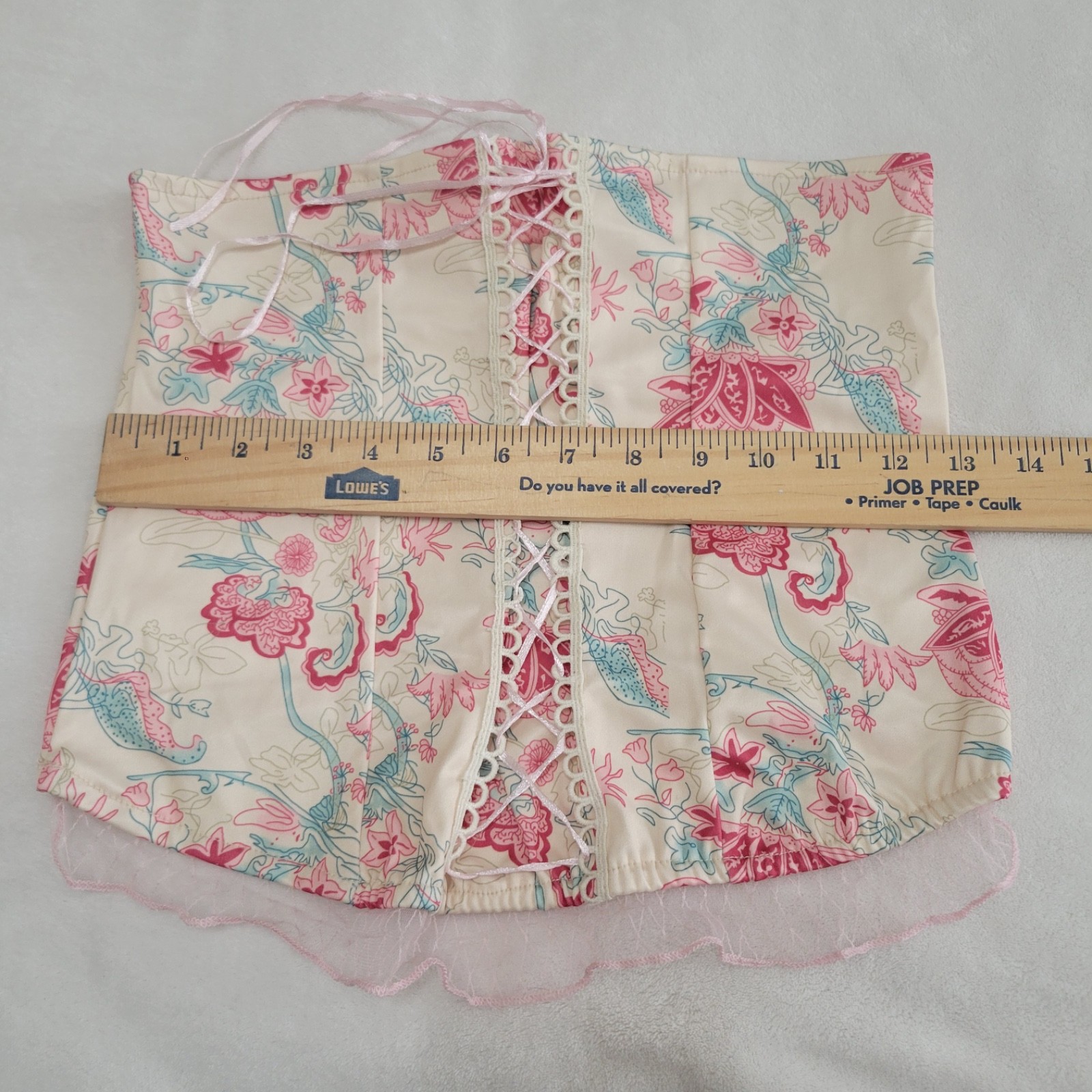 ROMWE Cream Floral Corset Strapless Top with Lace Ruffle Women’s Size M Y2K
