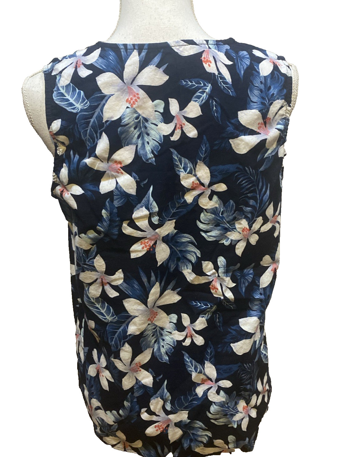 Womens 100% Cotton Tropical Aloha Beach Coastal Blue w/ White Floral V Neck Top