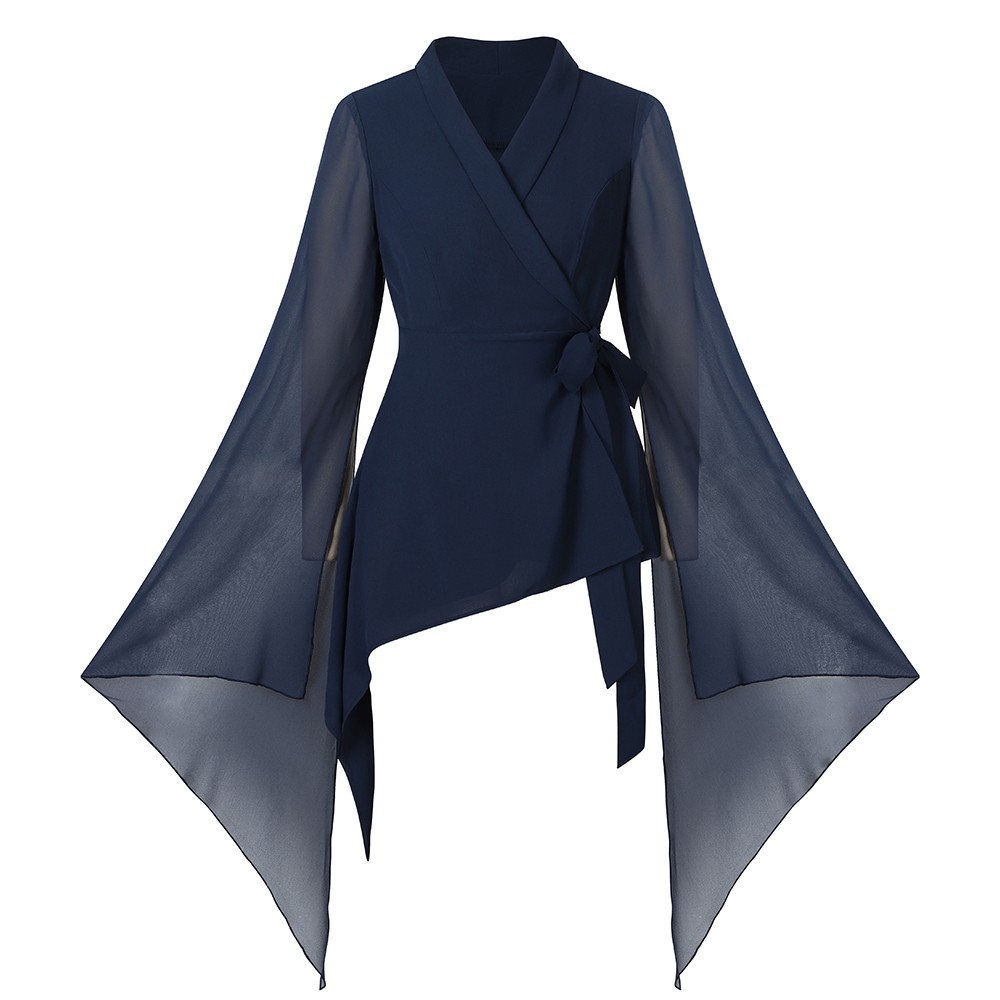 Women Chiffon Wrap V Neck Business Casual Shirt Office Asymmetrical Blouse Tops