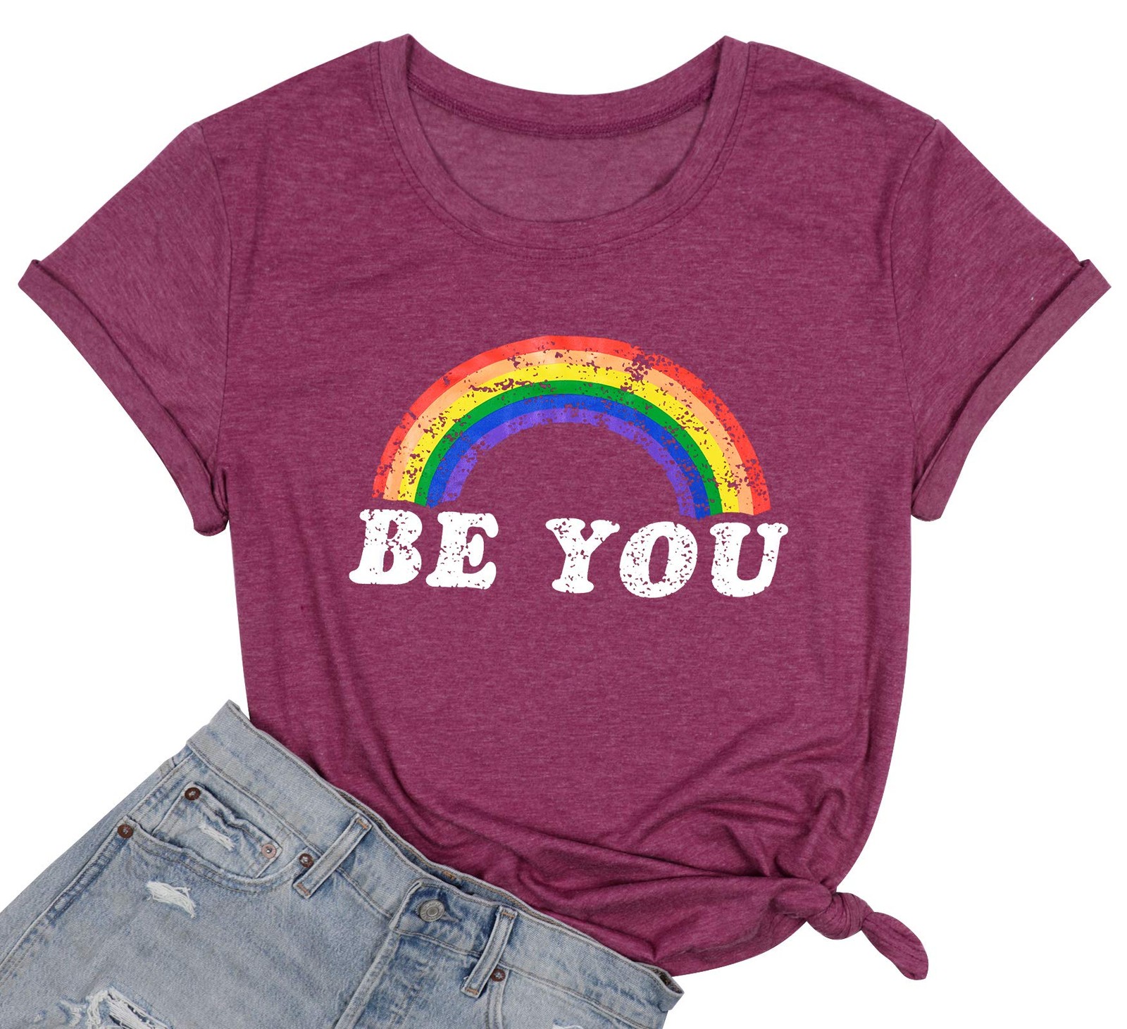 Women’s Rainbow Graphic Tee Be You LGBTQ Shirt (Be You, Wine Red, X-Large)