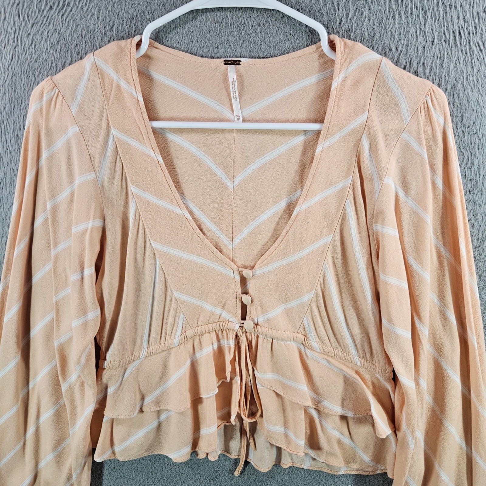 Free People Peach Striped V-Neck Ruffle Crop Blouse Long Sleeve XS