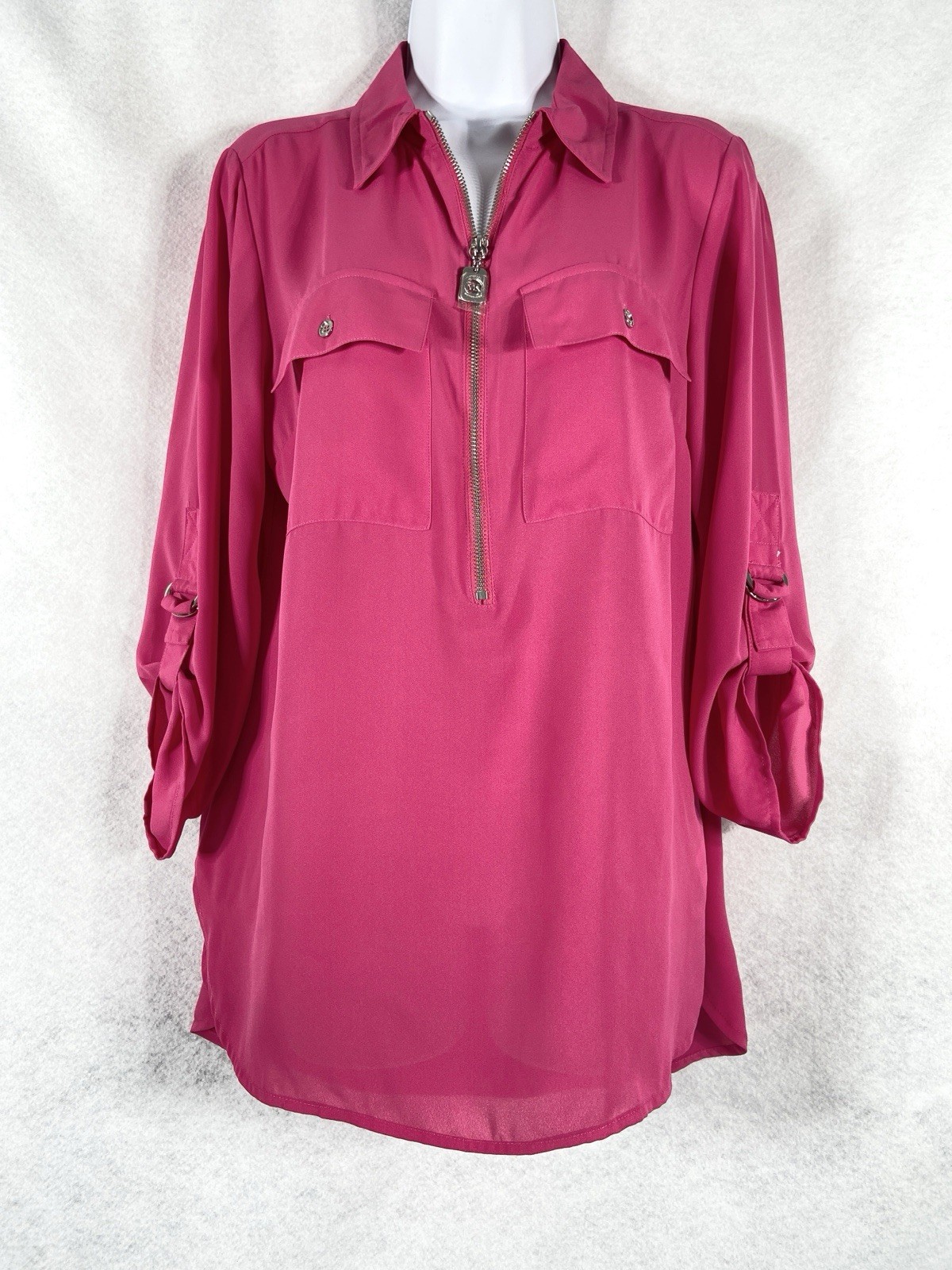 Michael Kors Top Women’s Medium Pink 1/4 Zip Utility Cargo Roll Tab Sleeves New