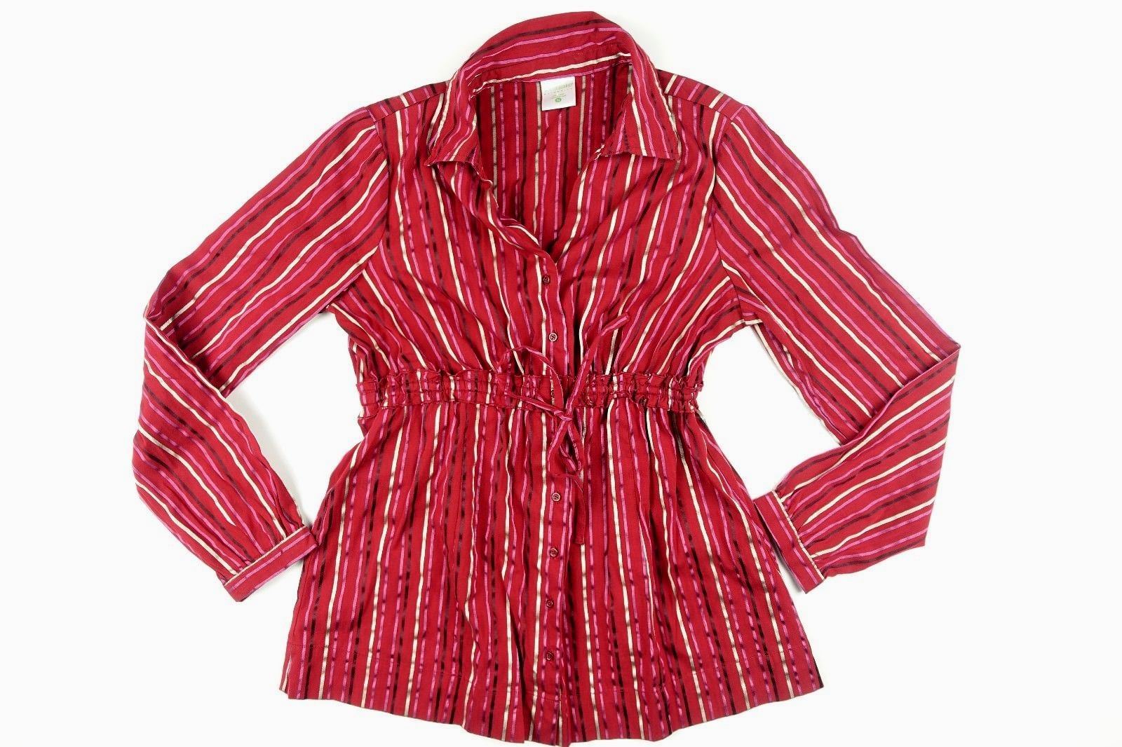 Motherhood Maternity Women Red Stripe Belted Long Sleeve Button-up Shirt M