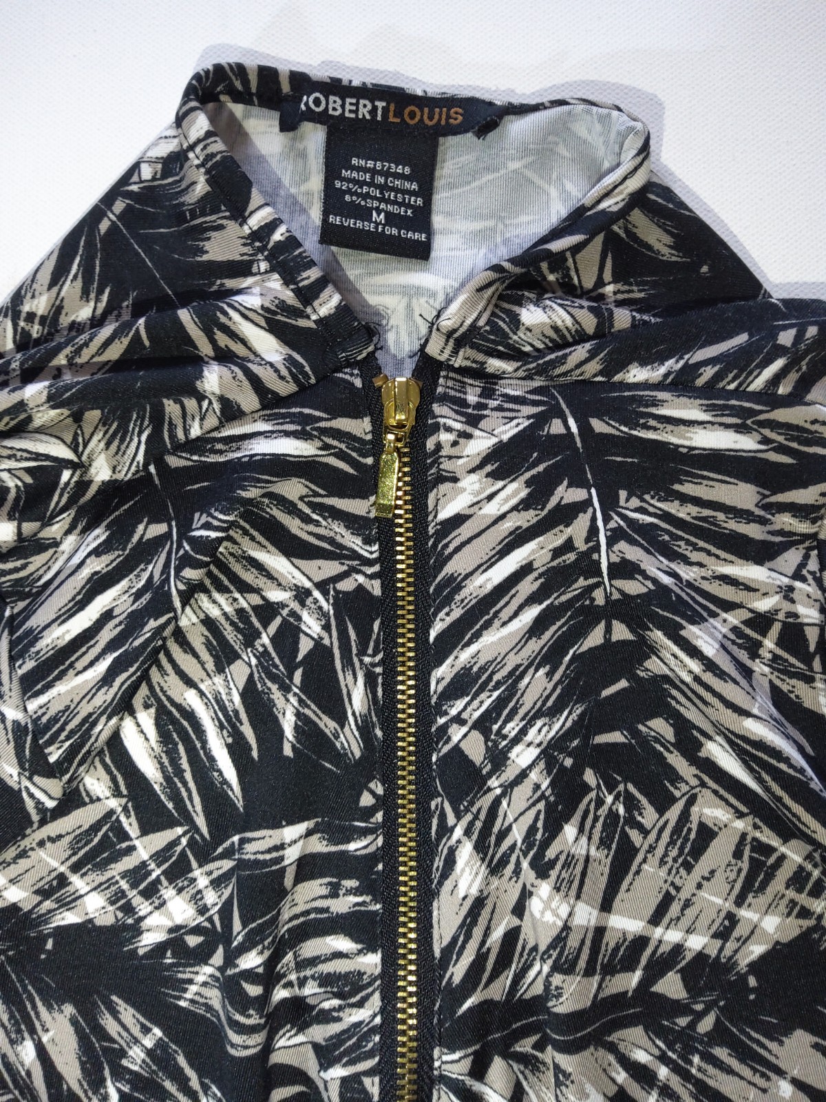 Robert Louis Half Zip Top Womens Medium Black Beige Floral Palm Sharkbite Hem