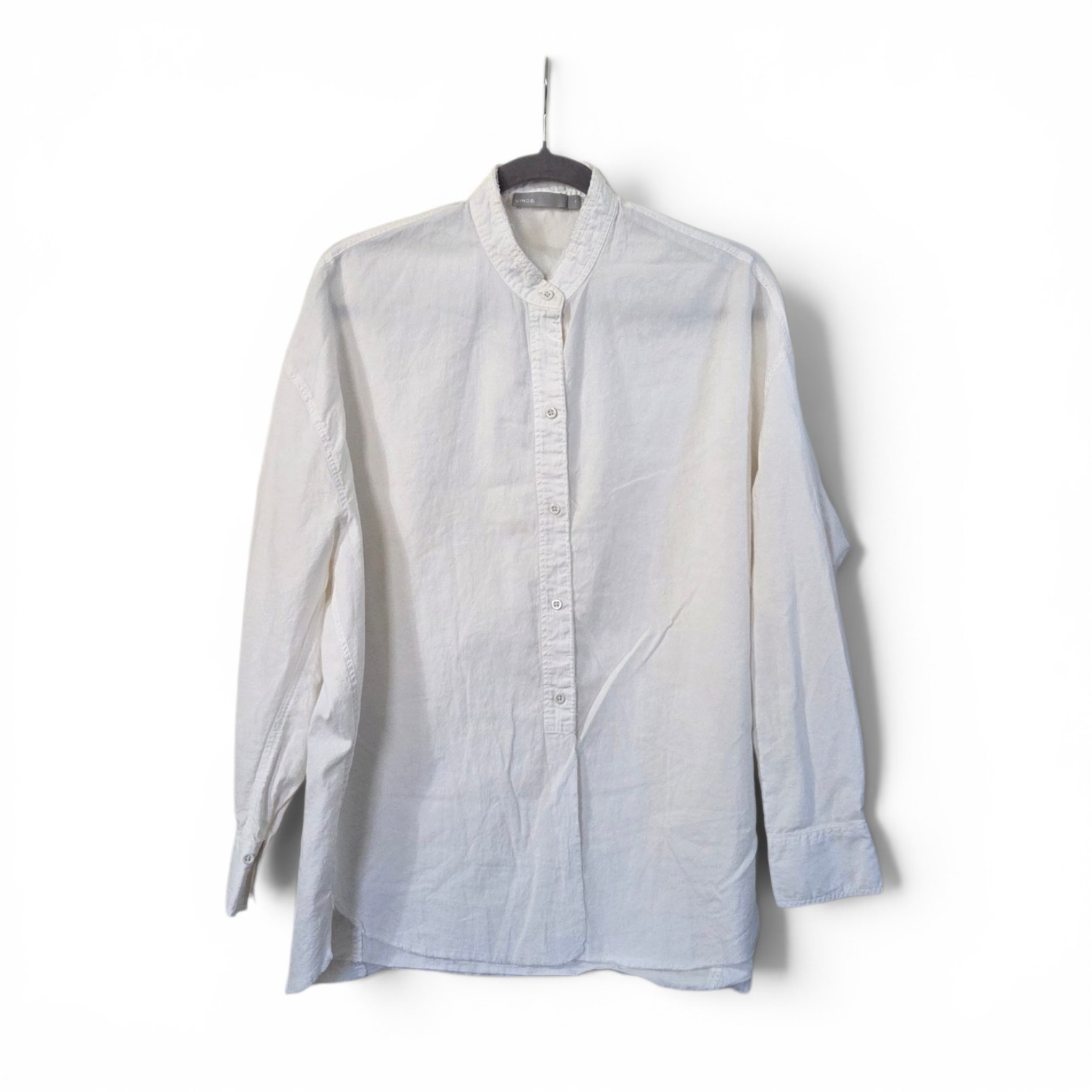 Vince White Cotton Silk Blend Raw Hem Mandarin Collar Long Sleeve Blouse, Medium