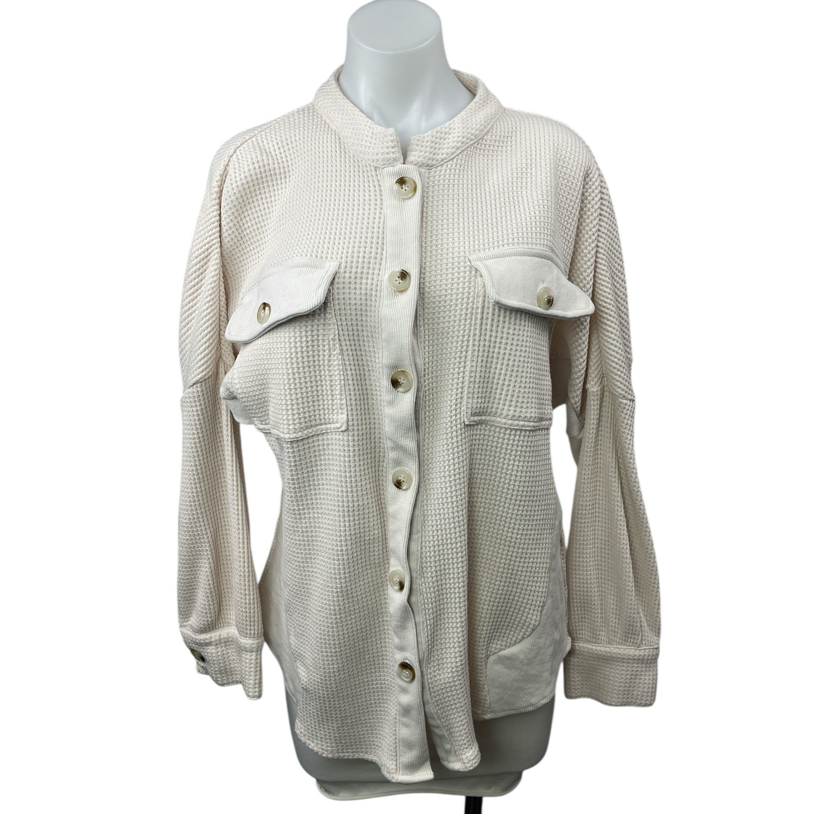 Women’s White Waffle Knit Thermal Pocket Long Sleeve Button Down Shirt Top Sz M