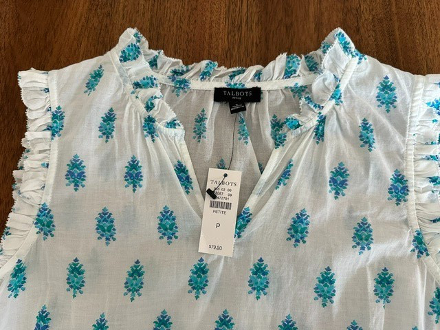 NWT Talbots P White Blue Green Print Split Neck Cotton Sleeveless Top Orig $79