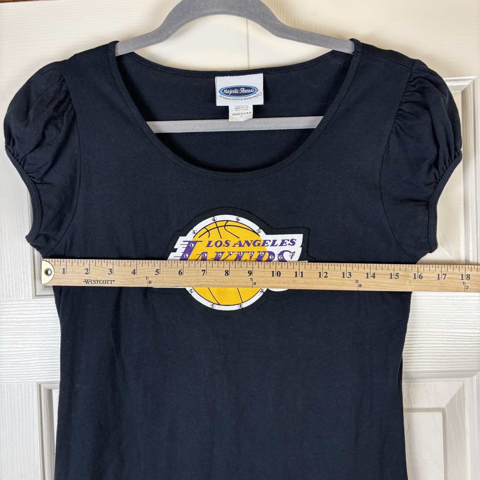 Vtg Y2K LA Lakers Basketball Rhinestone Embellished Cap Sleeve Shirt Women’s L